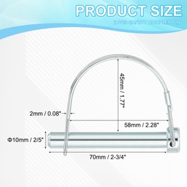 PATIKIL Trailer Coupler Pin 2/5x2-3/4x2.28"(D*L*IW), 2 Pcs Wire Lock Pin Safety Shaft Locking Pin Round Pto Pins for Farm Trailers Lawn Hitches Garden Tractor Kayak Boat (10x70x58mm)