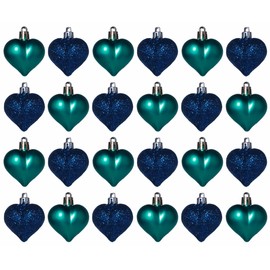 Christmas Tree Heart Baubles Decorations - Kingfisher Teal Navy Blue - Set of 24