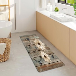 Rustic White Floral Bath Rug, Flower and Butterflies on Old Wooden Board Farmhouse Non Slip Bath Mats, Barn Wood Vintage Daisy Bath Rug Sets for Bathroom Bedroom Kitchen Outdoor Indoor,16x48Inch