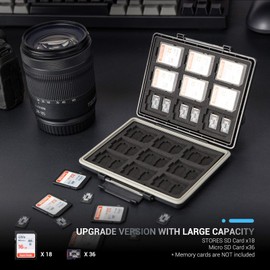 JJC High Capacity Memory Card Case Card Holder for SD SDXC SDHC Cards * 18 + MicroSD MSD TF Cards * 36, Water-Resistant Anti-Shock, with Card Stickers Label