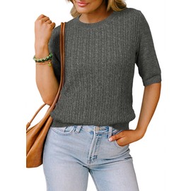 Arach&Cloz Women's Wool Blend Short Elbow Sleeve Tops Old Money Summer Crew Neck Cable Knit Fall Dressy Casual Pullover Fashion Outfits Sweater 2025 Gray XL