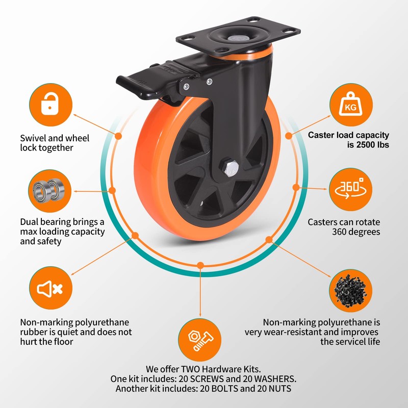 6 Inch Caster Wheels 3000 Lbs, Heavy Duty Casters Set