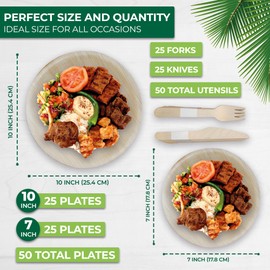 EcoRhine Disposable Palm Leaf Plates Round Set with Cutlery, 7 & 10 Inch Like Bamboo Disposable Plates, Compostable & Biodegradable Dinnerware for Weddings, Parties, and Dinners - 100 Pcs