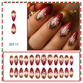 Christmas Fake Nails Snowflake Press on Nails Short Square Nails Press Ons Winter False Nails French Tip Stick on Nail Glossy Glue on Nail for Women and Girls Decoration Set 24Pcs