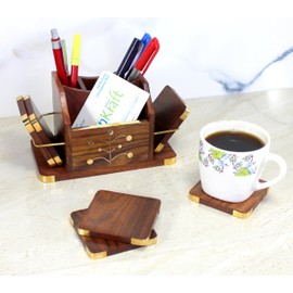 StonKraft Wooden Rosewood Desk Organiser, Coaster/Coasters Set, Pen Stand, Business Card Holder with Brass Work (Office Table Accessories)