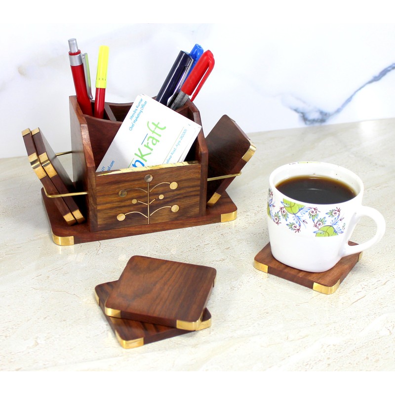 StonKraft Wooden Rosewood Desk Organiser, Coaster/Coasters Set, Pen Stand, Business