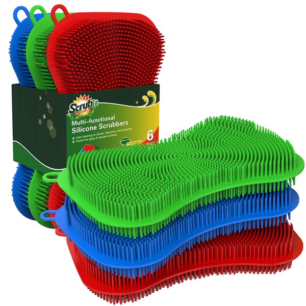 6 Pack Silicone Scrubbing Sponge by SCRUBIT - Real Silicon Non Scratch & Non Smell Kitchen Scrubber Pad for Dishes, Fruit, Vegetable - Reusable Cleaning Sponges - Multi-Colored Pads [Red, Green, Blue]