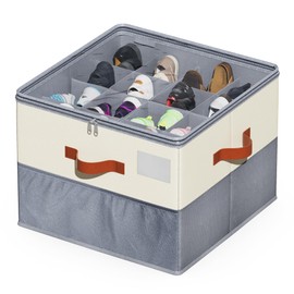 KETYWHA Shoe Organizer for Closet, 1 Pack Foldable Shoe Storage Containers with Clear Cover, Shoe Box Organizers Bins with Adjustable Dividers 4Handles,Shoe Storage Fits 8-16 Pairs (Beige & Grey)