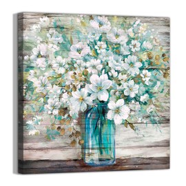 3LDECOR Country Style Canvas Wall Art Teal Blue Mason Bottle White Flower Rustic Wall Decor Art Hanging in The Bedroom Bathroom Living Room Dining Room Office Fireplace Kitchen Murals Decor(24x24)