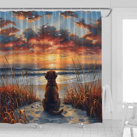 UOZXOML Funny Dog Beach Shower Curtain Cute Animal Ocean Beach Sunset Sunrise Wild Weeds Seagull Sea Scenery Seaside Lovely Pets Watercolor Fabric Bathroom Decor Curtains with Hooks,70 x 70