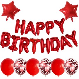 Happy Birthday Balloons Banner Red, 16 Inch Mylar Foil Letters Balloons, Happy Birthday Foil Balloons Set with Red Confetti Balloons Star Foil Balloons for Birthday Decorations Party Supplies