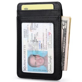 Buffway Mens Slim Wallet, Minimalist Thin Front Pocket Leather Credit Card Holder with RFID Blocking for Work Travel - Slate Black