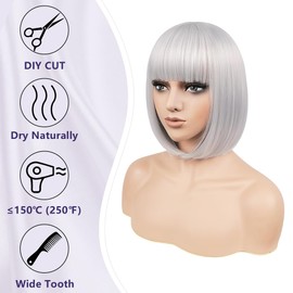 BATISI Silver Bob Wig for Women Short Bob Wigs Straight Flat Bangs Synthetic Costume Cosplay Daily Party Neon Wig 12 Inch