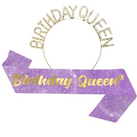 "Birthday Queen" Sash & Rhinestone Tiara Set, 2Pc Set - Purple Birthday Sash and Tiara for Birthday Decoration - Headband Birthday Girl Sash, Birthday Sash for Women, Birthday Crown (Purple)