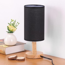 Black Small Bedside Table Lamp for Bedroom,Natural Round Wood Base&Fabric Linen Shade,Cozy Night Table Light for Study Reading,Minimalist Boho Desk Lamp for Nightstand,Living Room,Nursery,Kitchen,Dorm