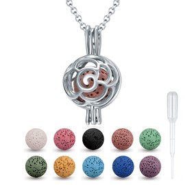 SOULMEET Sterling Silver Rose Aromatherapy Necklace Round Essential Oil Diffuser Locket Pendant with 10 Colors Volcanic Stone for Women