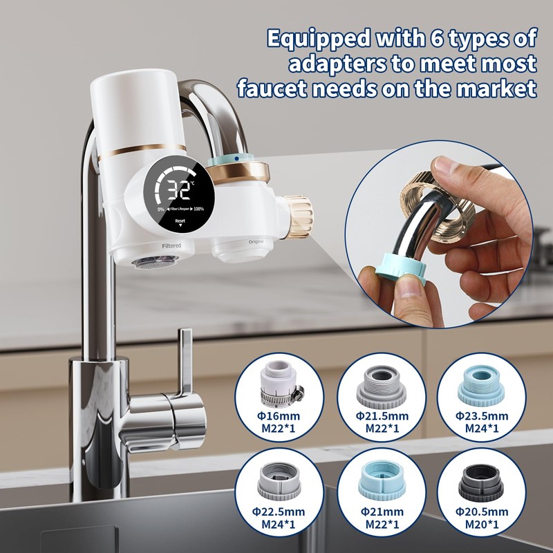 Water Filter Tap with LED Display, Includes 2 Filters, Water