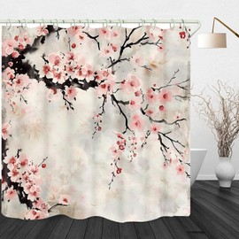 VANZEV Cherry Blossom Plum Asian Shower Curtain Japanese Weeping Flower Pink Floral Watercolor Cute Branch Ink Scenery Waterproof Polyester Fabric Bathroom Bathtub 72x72 Inch
