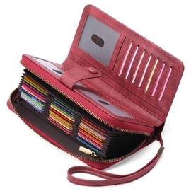GAEKEAO Leather Credit Card Holder Wallet for Women RFID Blocking Large Capacity Bifold Zipper Card Case Organizer with Wristlet 45 Slots