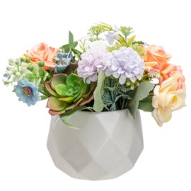 MyGift - Arreglo de Rosas Artificiales Florales Pastel con Plantas suculentas Verdes en Maceta de cerámica geométrica Blanca, Plantas Artificiales Decorativas hogar, Bodas y Centros de Mesa