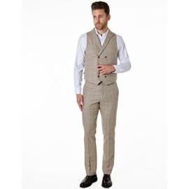 Xposed KANO Mens Tweed Check Waistcoat Vintage 1920s Styled Tailored Fit Double Breasted with Collars Herringbone Weave [CWDB-KANO-BEIGE-52]