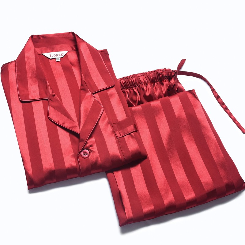 Mens Silk Satin Pajamas Set Sleepwear Loungewear Red L