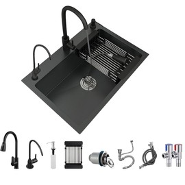 XGURWSSR Black Deep Kitchen Sink, Stainless Steel Single Bowl Sink with Faucet, Drop In/Topmount Workstation Sink Farmhouse Apartment Sink with Multiple Accessories (25.6x17.7x7.8 inch)
