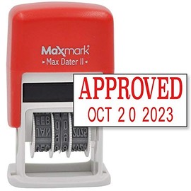 MaxMark Self-Inking Rubber Date Office Stamp with Approved Phrase & Date - RED Ink (Max Dater II), 12-Year Band