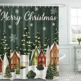 Hahafelt Retro Christmas Shower Curtain with 12 Hooks Farmhouse Christmas Villages Rustic Shower Curtain Green Merry Xmas Bath Bathroom Decor