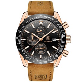 BENYAR Men's Watch Quartz Sports Chronograph Fashion Business Luxury Brand Waterproof Watch Analog Date Men's Brown Leather Watch for Men (Brown Gold Black)