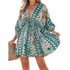 CUPSHE Women Casual Boho Sundress Summer Floral Print Tie Front Dress 3/4 Sleeves Paisley Beach Mini Dresses,XL Green