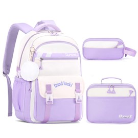 Amythe School Backpack Girls 3 Pieces Casual Kids Backpack Lightweight School Bag for Girls 2nd to 5th Grade Primary School Middle School School Bag Set with Lunch Bag Pen Case, purple