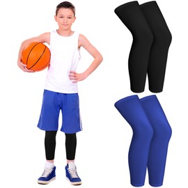 Geyoga 2 Pairs Kids Long Compression Leg Sleeves Long Knee Sleeves UV Protection for Boy Girl Youth Basketball Running Sport(Medium,Black, Blue)