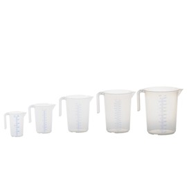Hünersdorff measuring cup, shatter-proof, particularly temperature-resistant, coloured scale, food safe, made of polypropylene (PP), open handle, transparent