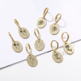 Birth Flower Earrings for Women Gold Engraved Birth Month Flower Huggie Hoop Earrings Oval Floral Pendant Dangle Earrings Statement Birthday Gift for Her (December)