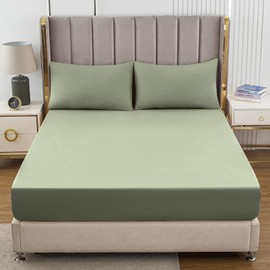 Soifox Double Fitted Sheet Sage Green - Bed Sheets with Extra Deep Pocket 16 inch (40 cm), Soft Microfiber Bottom Sheet for Double Bed, 135x190cm