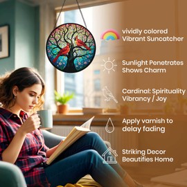 Sun Catcher Indoor Window with Tree of Life & Cardinals - 7.87" Round Stained Glass Suncatchers for Windows Hanging, Red Bird Stain Glass Art Panel for Wall/Garden Decor, Cardinal Gifts for Women