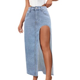 SEMATOMALA Women's Thigh High Split Maxi Denim Skirt High Waisted Cut Out High Low Asymmetrical Jeans Long Skirts LB-2XL Light Blue