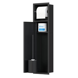 Qeke Recessed Toilet Brush Holder, SUS304 Stainless Steel Rustproof Recessed Toilet Brush Holder, in Wall Tissue Brush Storage Cabinet for Bathroom, Matte Black, 4" Depth