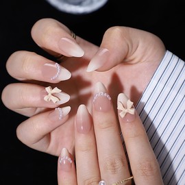 24Pcs Almond Press On Nails，Almond Shaped Press On Nails，Almond Nails Press On，Milky White Ombre Almond Nails Medium Fake Nails with Pearl&Cute Bow Designs Artificial Nails Stick on Nails For Women