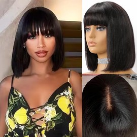 Datanala Straight human hair bob wig with bangs 8inch 3x1 HD Lace Glueless Wigs Wear and Go human hair Bob Wig With Bangs Short Bob Wig Natural Black Color For Women