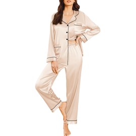Ekouaer Silk Pajamas for Women Classic Button Down Satin Pajama Sets Long Sleeve Lounge Set Champagne