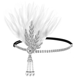 Initlove 1920s Feather Flapper Headband Vintage Gatsby Flapper Headpiece for Costume Prom Wedding Carnival Party Silver White