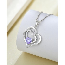 Guesma Alexandrite Double Heart Pendant Necklace for Women - Solid Sterling Silver 18K White Gold Plated Created Birthstone Anniversary Jewelry