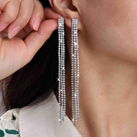 Atentuyi Rhinestone Tassel Earrings Gold Long Chain Chandelier Earrings Cz Drop Bridal Earring Crystal Wedding Earrings Diamond Dangle Earrings Jewelry for Women and Girls