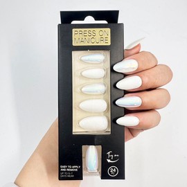 YaCing31 Press On Nails - Pearl Mermaid | shell light Mirror Short Almond False Nails, Reusable Stick On Fake Nails with Glue | 10 of shell light color style - 24 Nail Kit (Pearl White, Medium)