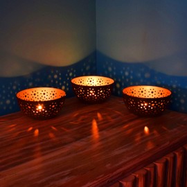 Set of 3 Oriental Lanterns Oriental Zlafa 12.5 cm Large Oriental Ramadan Tea Light Holder Copper Colour Interior Black Exterior Moroccan Metal Lanterns Decoration