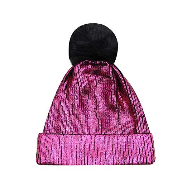 BabyPrice Women Girls Metallic Knitted Winter Beanie Hat Slouchy Faux Fur Pom Pom Skull Cap (Hot Pink)