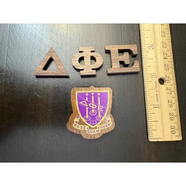 Delta Phi Epsilon Sorority Wood Letters (1") and Mini Crest (1.5") Combo