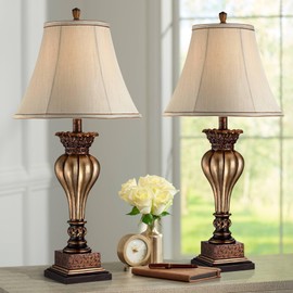 Regency Hill Senardo 30" Tall Floral Vase Large Traditional End Table Lamps Set of 2 Gold Finish Fabric Tan Shade Cottage Core Living Room Bedroom Bedside Nightstand House Office Home Reading